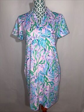 Lilly Pulitzer DUNE UPF 50+ SHORT SLEEVE DRESS, MULTI SEACRET ESCAPE Size Small